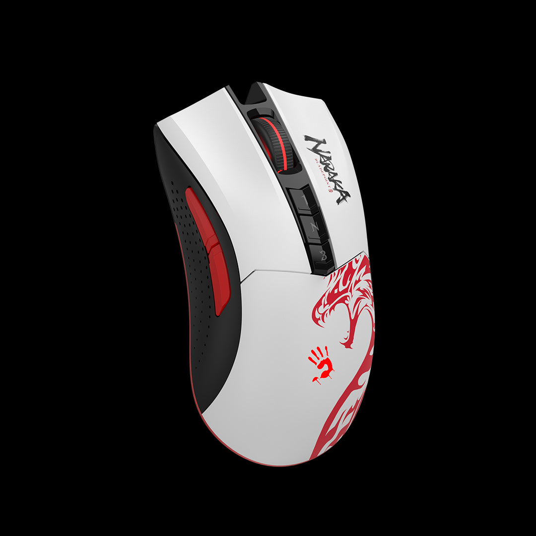 MOUSE A4tech - gaming, "Bloody co-branded Naraka", wireless, 2.4GHz, optic, 5000 cpi, butoane/scroll 8/1, alb, "R90 Plus" (include TV 0.18lei)