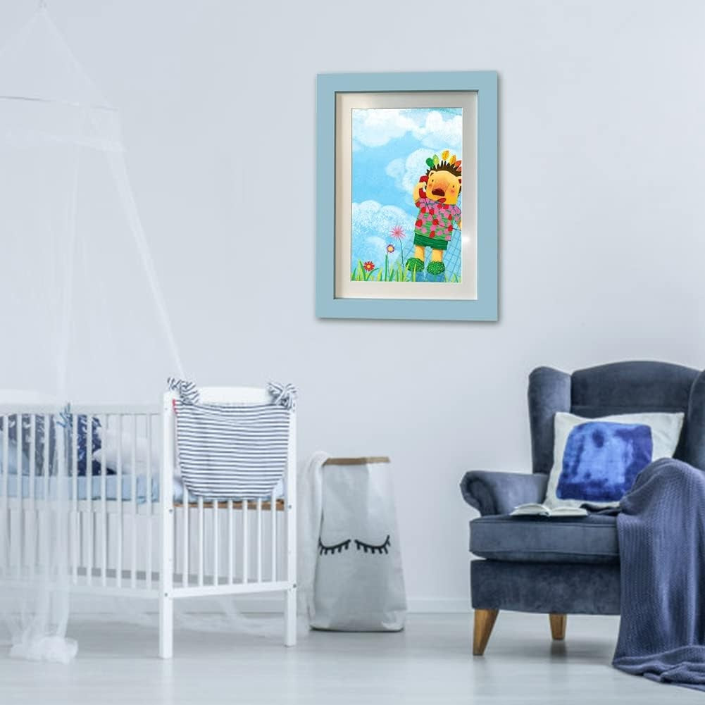Rama Foto cu Magnet, din Lemn, cu Spatiu Pentru Depozitare, Pentru Desene si Picturi A4, Sticla Securizata, Rama MDF, 21x30 cm, Albastru