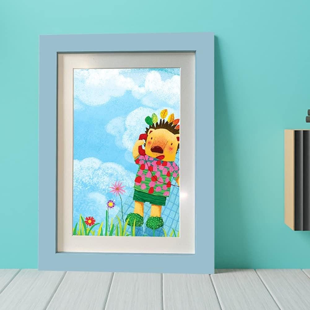 Rama Foto cu Magnet, din Lemn, cu Spatiu Pentru Depozitare, Pentru Desene si Picturi A4, Sticla Securizata, Rama MDF, 21x30 cm, Albastru
