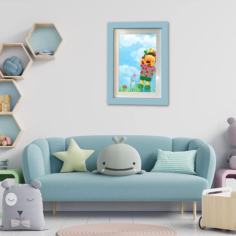 Rama Foto cu Magnet, din Lemn, cu Spatiu Pentru Depozitare, Pentru Desene si Picturi A4, Sticla Securizata, Rama MDF, 21x30 cm, Albastru