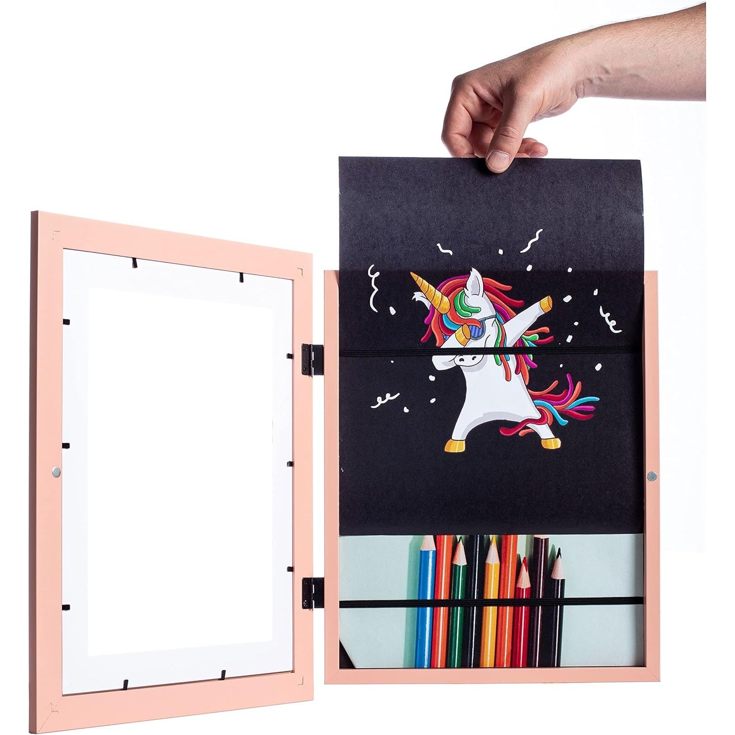 Rama Foto cu Magnet, din Lemn, cu Spatiu Pentru Depozitare, Pentru Desene si Picturi A4, Sticla Securizata, Rama MDF, 21x30 cm, Roz
