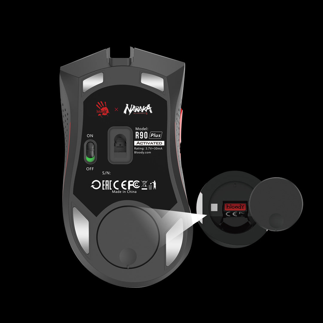MOUSE A4tech - gaming, "Bloody co-branded Naraka", wireless, 2.4GHz, optic, 5000 cpi, butoane/scroll 8/1, alb, "R90 Plus" (include TV 0.18lei)