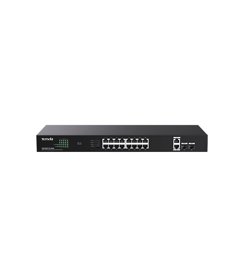 SWITCH TENDA unmanaged, 16 porturi POE RJ-45 gigabit, 2 porturi uplink gigabit RJ-45 si 2 porturi SFP IEEE 802.3af/at, max PoE 250W, metalic "TEG1120P-16-250W"
