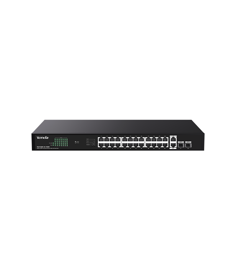 SWITCH TENDA unmanaged, 24 porturi POE+ RJ-45 gigabit, 2 porturi uplink gigabit RJ-45 si 2 porturi SFP IEEE 802.3af/at, max PoE 410W, metalic "TEG1128P-24-410W"