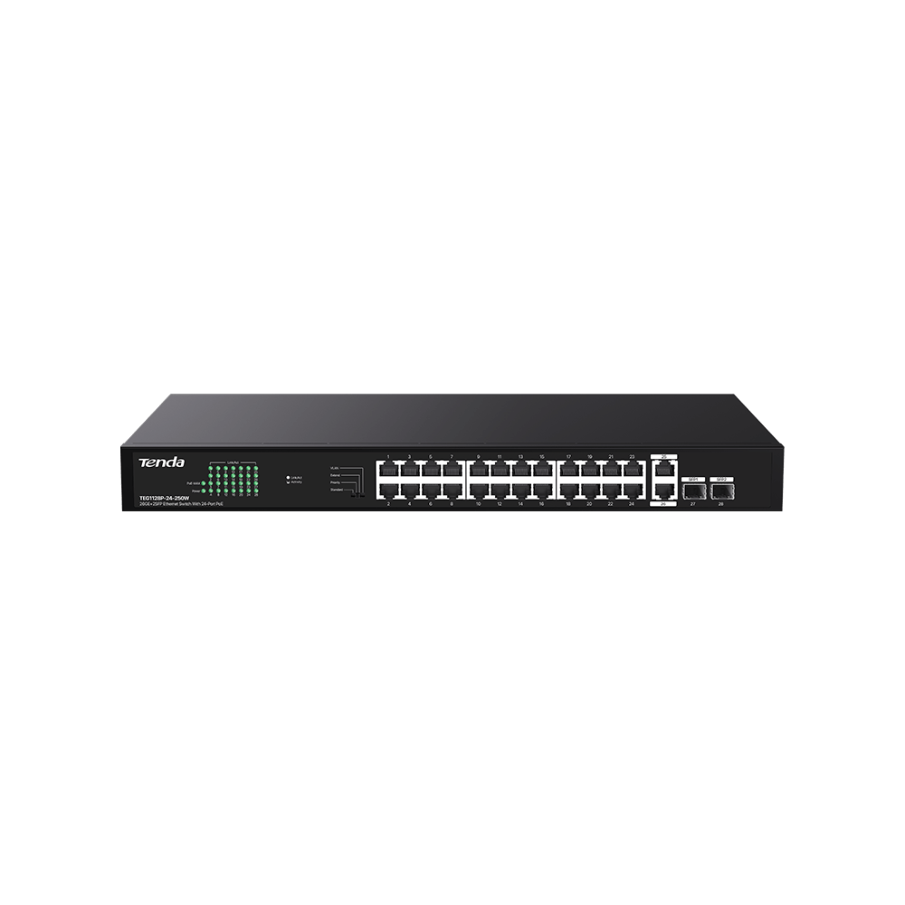 SWITCH TENDA unmanaged, 24 porturi POE+ RJ-45 gigabit, 2 porturi uplink gigabit RJ-45 si 2 porturi SFP IEEE 802.3af/at, max PoE 250W, metalic "TEG1128P-24-250W"