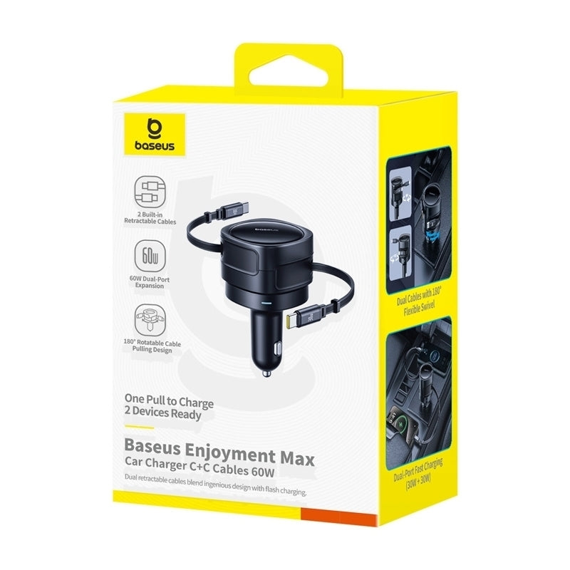 INCARCATOR auto Baseus Enjoyment Max, Quick Charge 60W, cablu retractabil integrat 2 x USB Type-C, negru "C00035507121-01" - 6932172682576