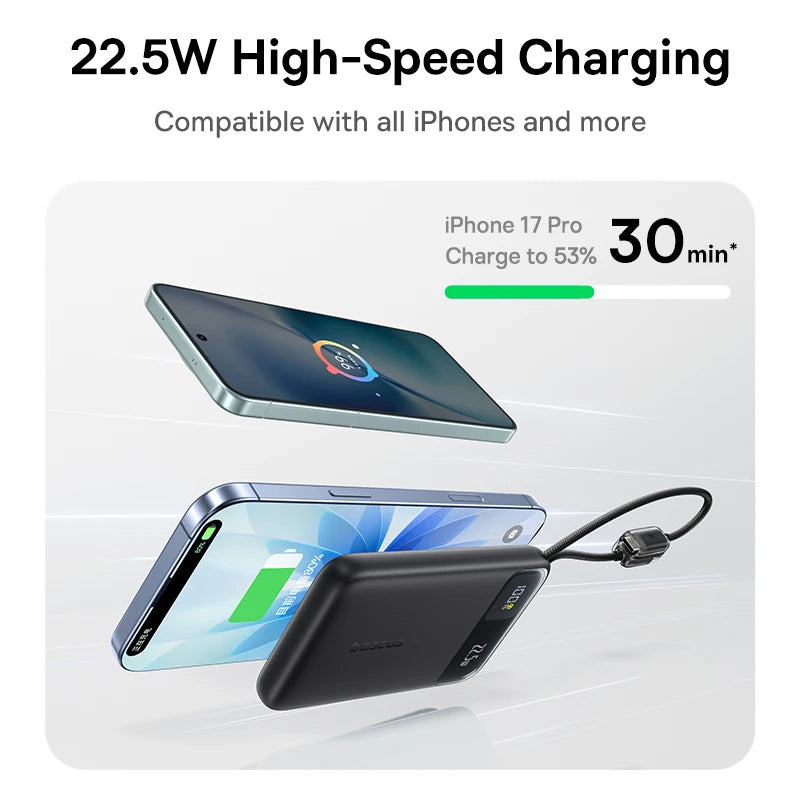 POWER BANK Baseus EnerFill FC11, 10000mAh, cablu integrat USB Type-C si Iphone Lightning, 22.5W, display, negru, "E0027R04" - 6932172699840