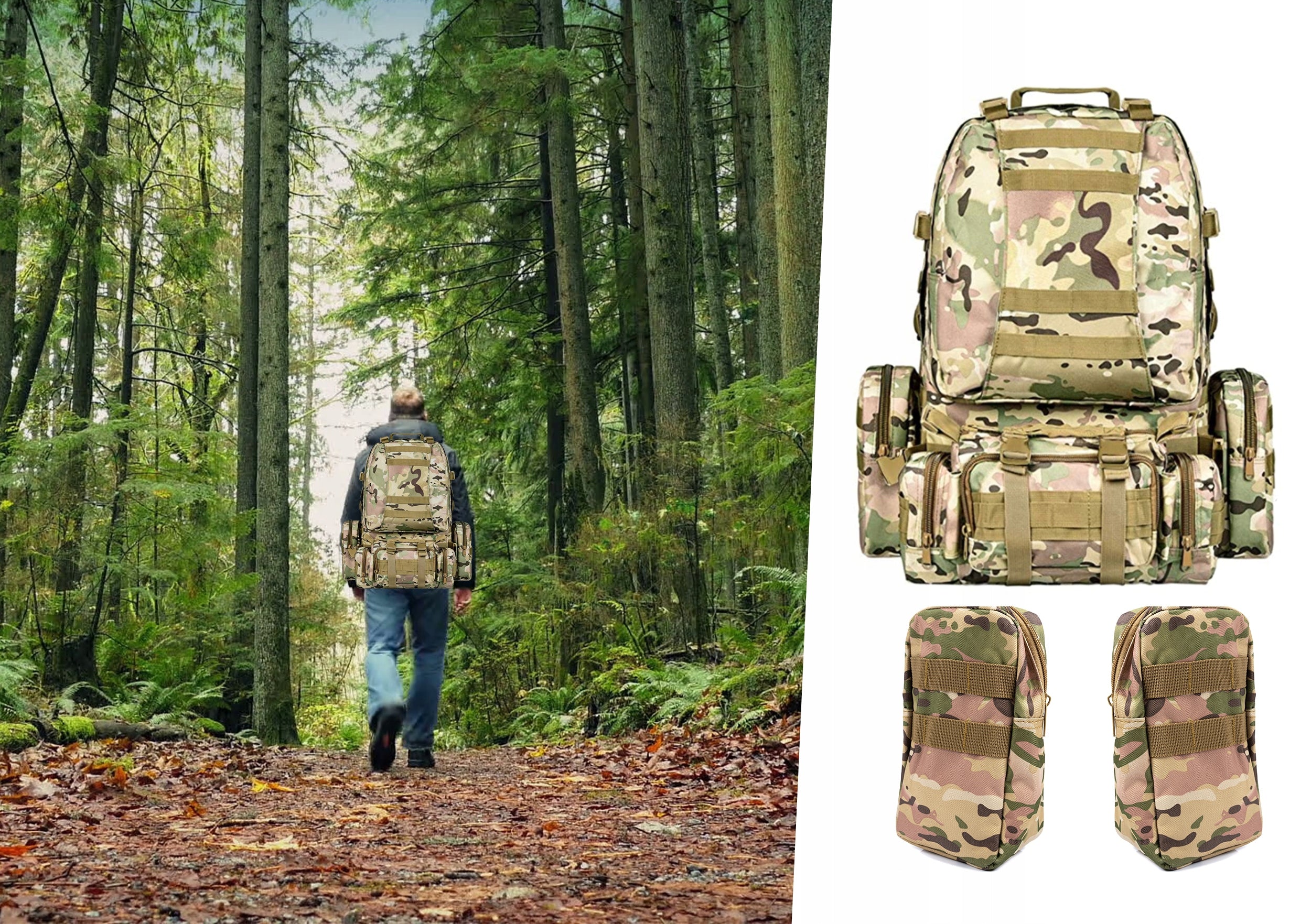 Rucsac militar pentru drumetie, impermeabil, ultra usor, 4 in 1, 50litri, culoare combat camuflaj