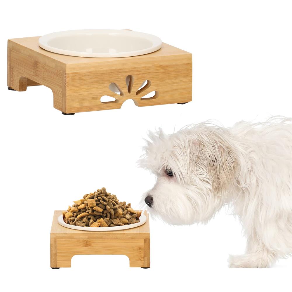 Castron ceramica, bol, pentru caine sau pisica, cu suport din bambus, 15cm