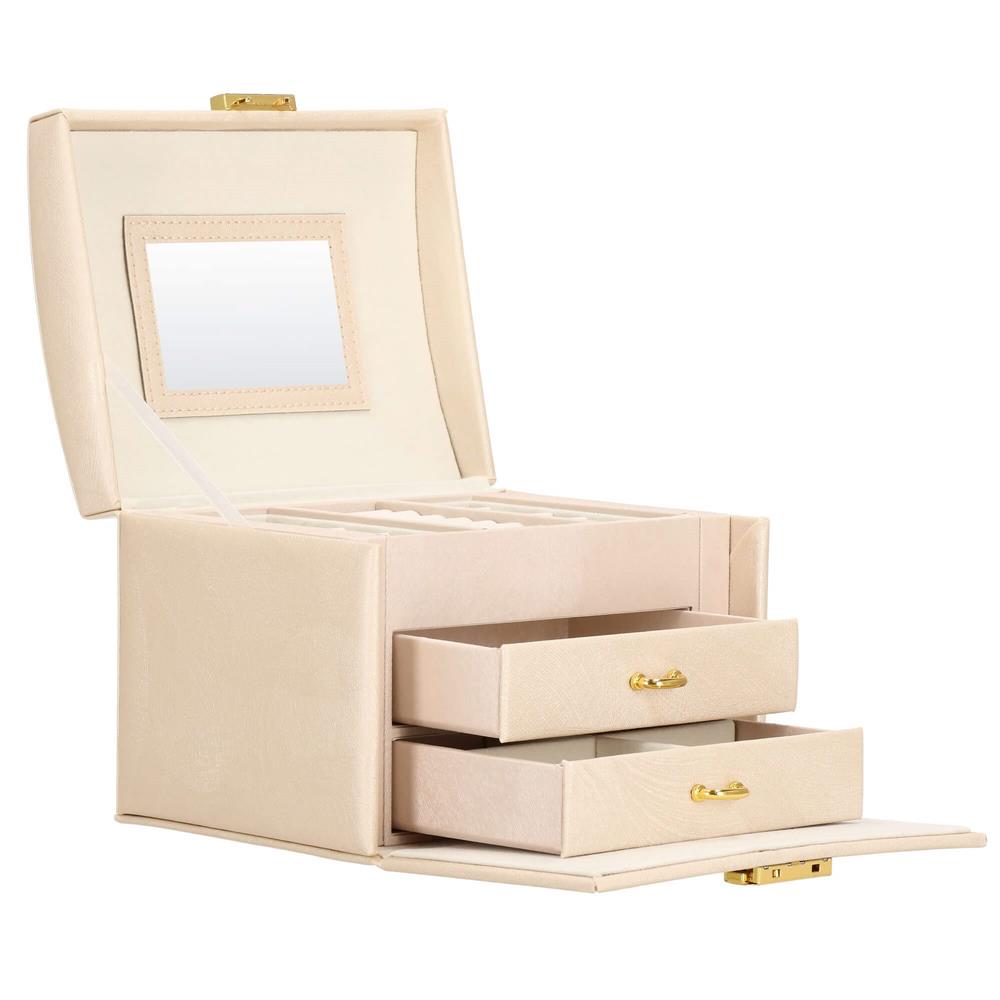Cutie depozitare si organizare bijuterii, piele ecologica + velur, 18 x 13,5 x 14cm, crem