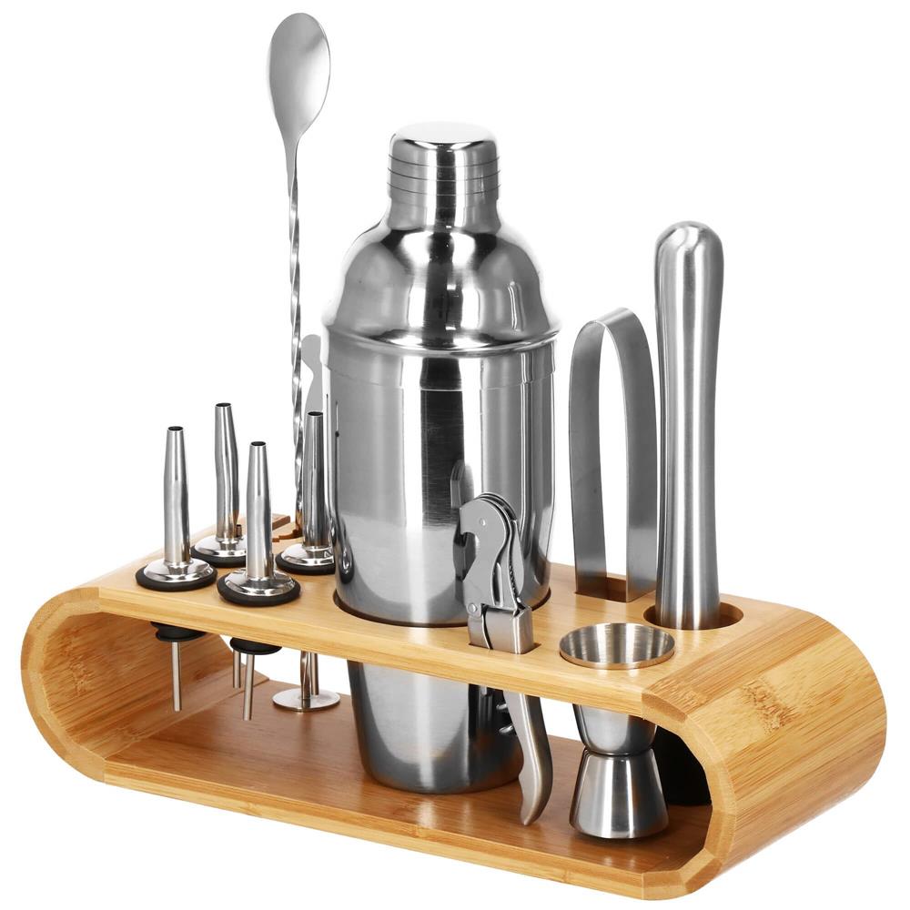 Set Cocktail Shaker Kit pentru barmani 750ml, KI25, suport bambus, 12 piese