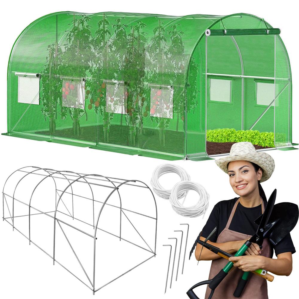 Sera de gradina, tip tunel cu cadru metalic, 200x450cm, 9 ferestre, verde, 9 mp
