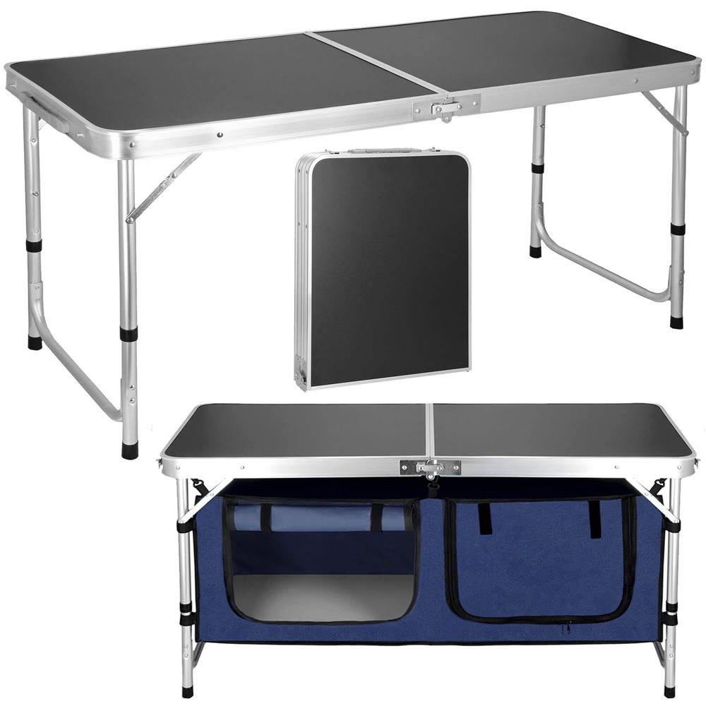 Masa camping pliabila cu spatiu depzoitare si cadru din aluminiu, blat MDF, 120x47x62/71cm, gri