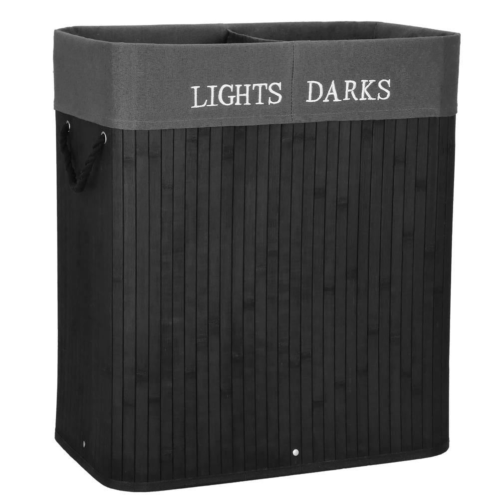 Cos de rufe din bambus cu capac, 2 compartimente, sac detasabil, volum 100L, 54x34x60cm, negru
