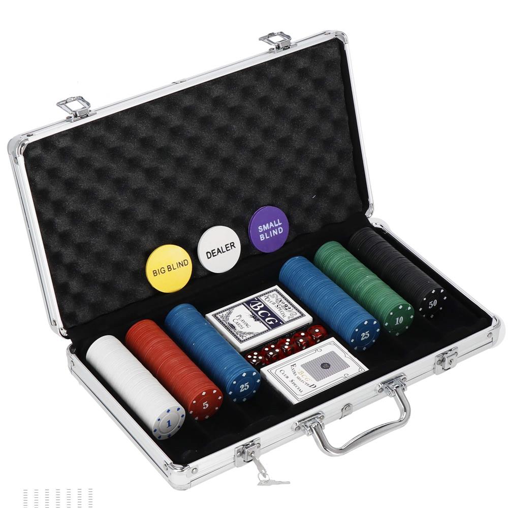 Set de Poker Complex cu 300 de jetoane, 2 seturi de carti, 5 zaruri, in servieta aluminiu