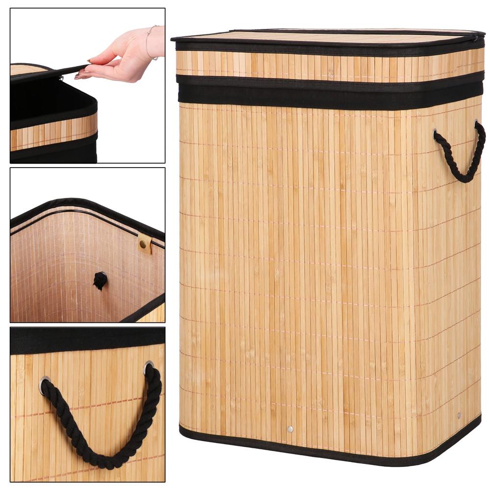 Cos de rufe din bambus cu capac, sac detasabil, volum 72L, 42x33x60cm, maro
