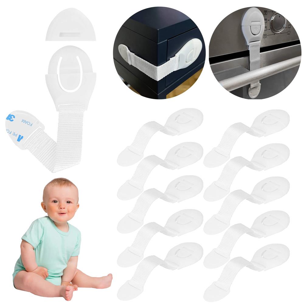 Set 10 sigurante blocator sertare si usi, plastic si textil, ajustabile, 20 cm, alb - 21