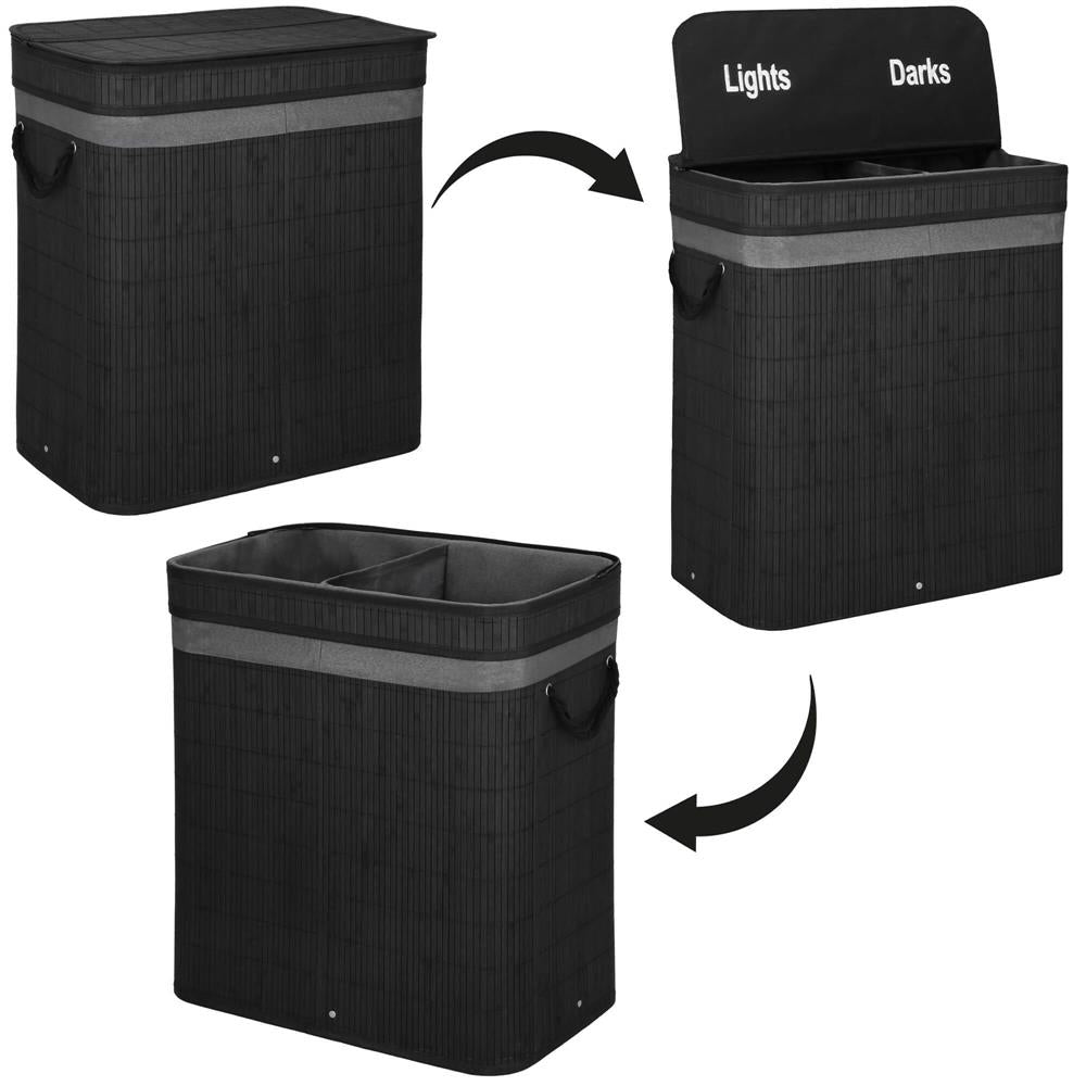 Cos de rufe din bambus cu capac, 2 compartimente, sac detasabil, volum 100L, 54x35x60cm, negru