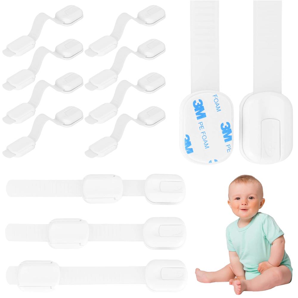 Set 8 sigurante blocator sertare si usi, plastic si silicon, ajustabile, 19 cm, alb