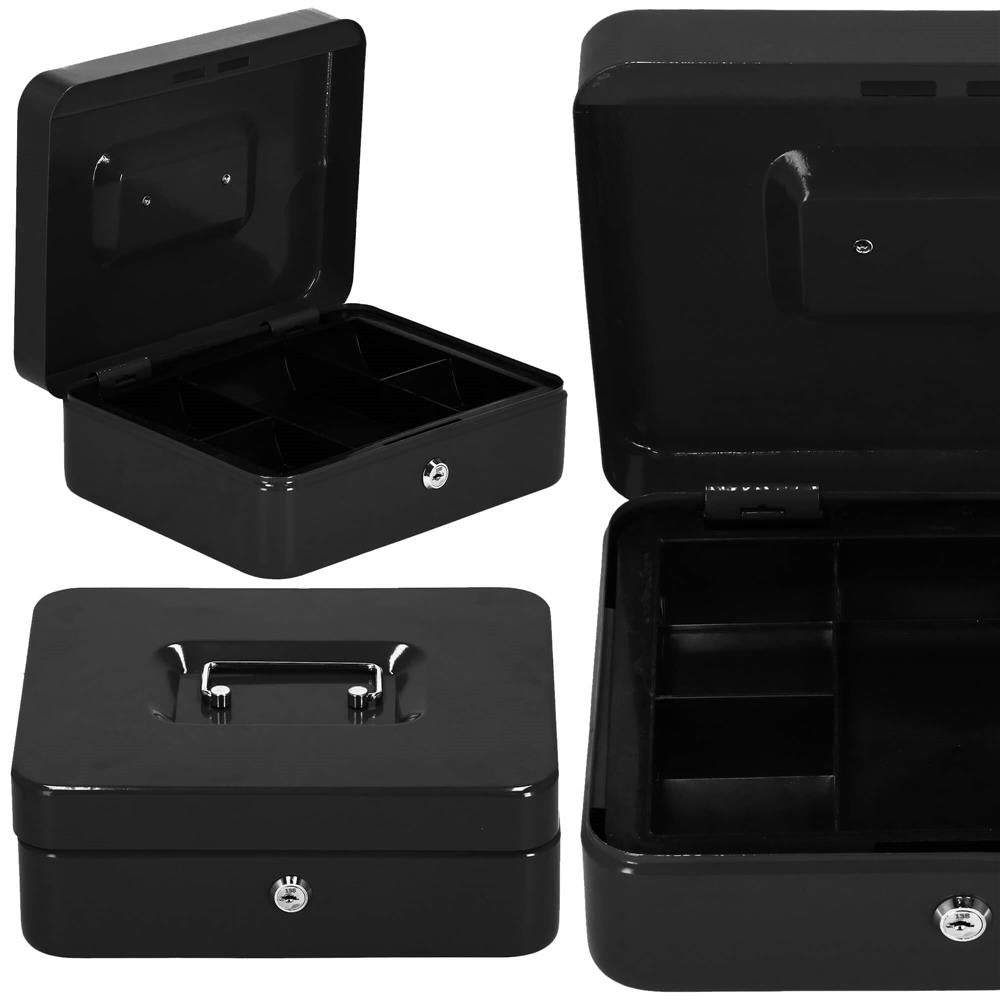 Caseta pentru bani tip cutie de valori, compartimentanta, cu cheie, metal, 30x24x9cm, negru