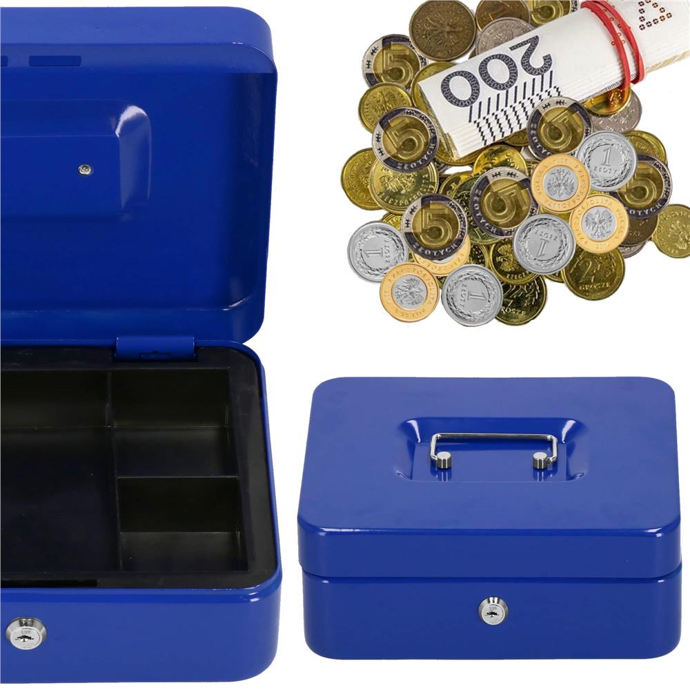 Caseta pentru bani tip cutie de valori, compartimentanta, cu cheie, metal, 20x16x9cm, albastru
