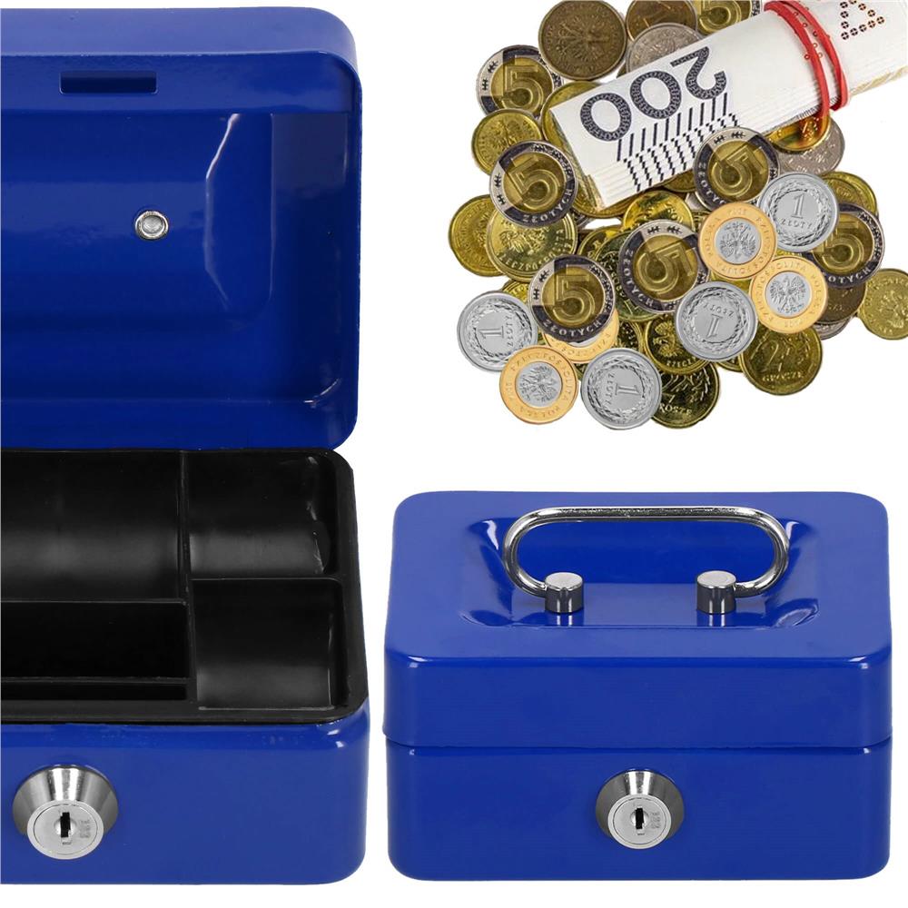 Caseta pentru bani tip cutie de valori, compartimentanta, cu cheie, metal, 12.5x9.5x6.5cm, albastru
