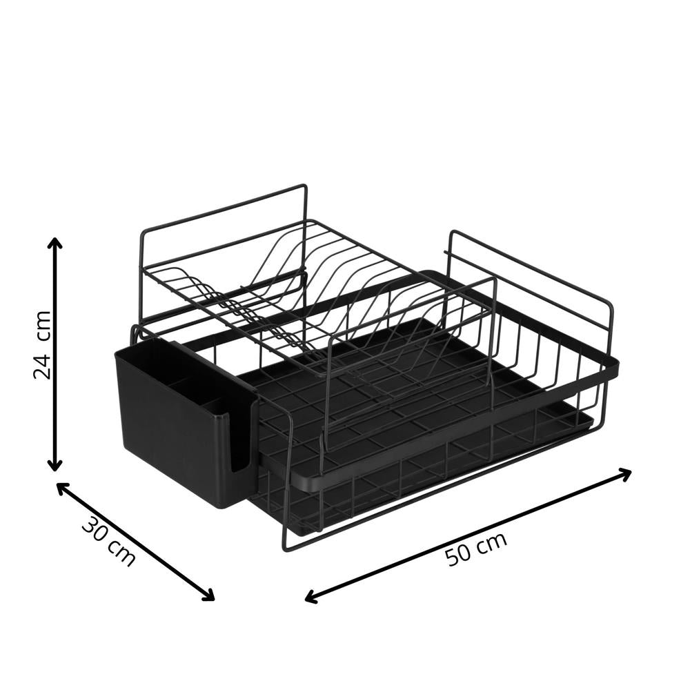 Uscator de vase cu suport tacamuri, din otel, pe 2 nivele, cu tava de scurgere, 50x30x24cm, negru
