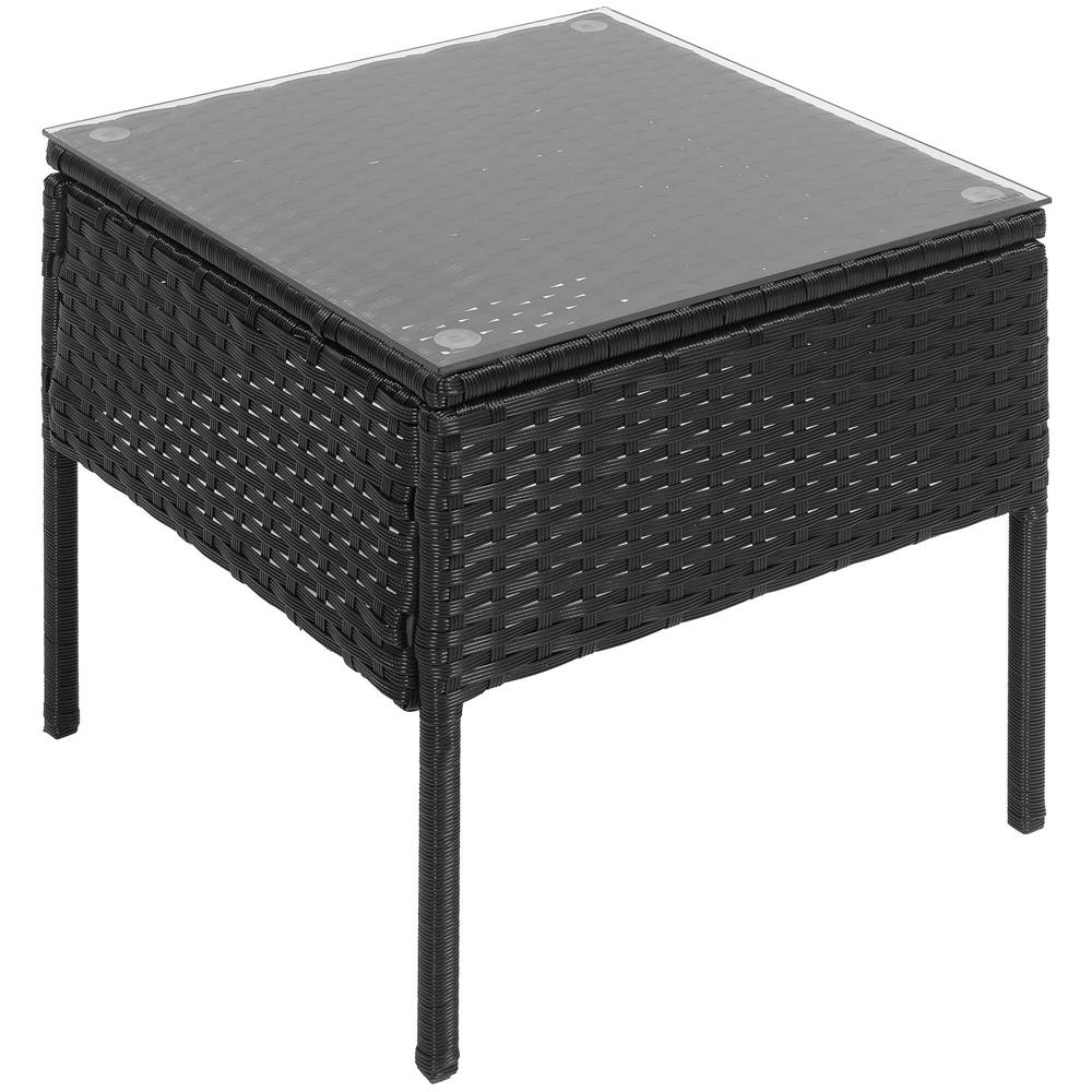 Set mobilier terasa, din tehnorattan, masa cu blat sticla securizata, 2 fotolii cu perne, negru