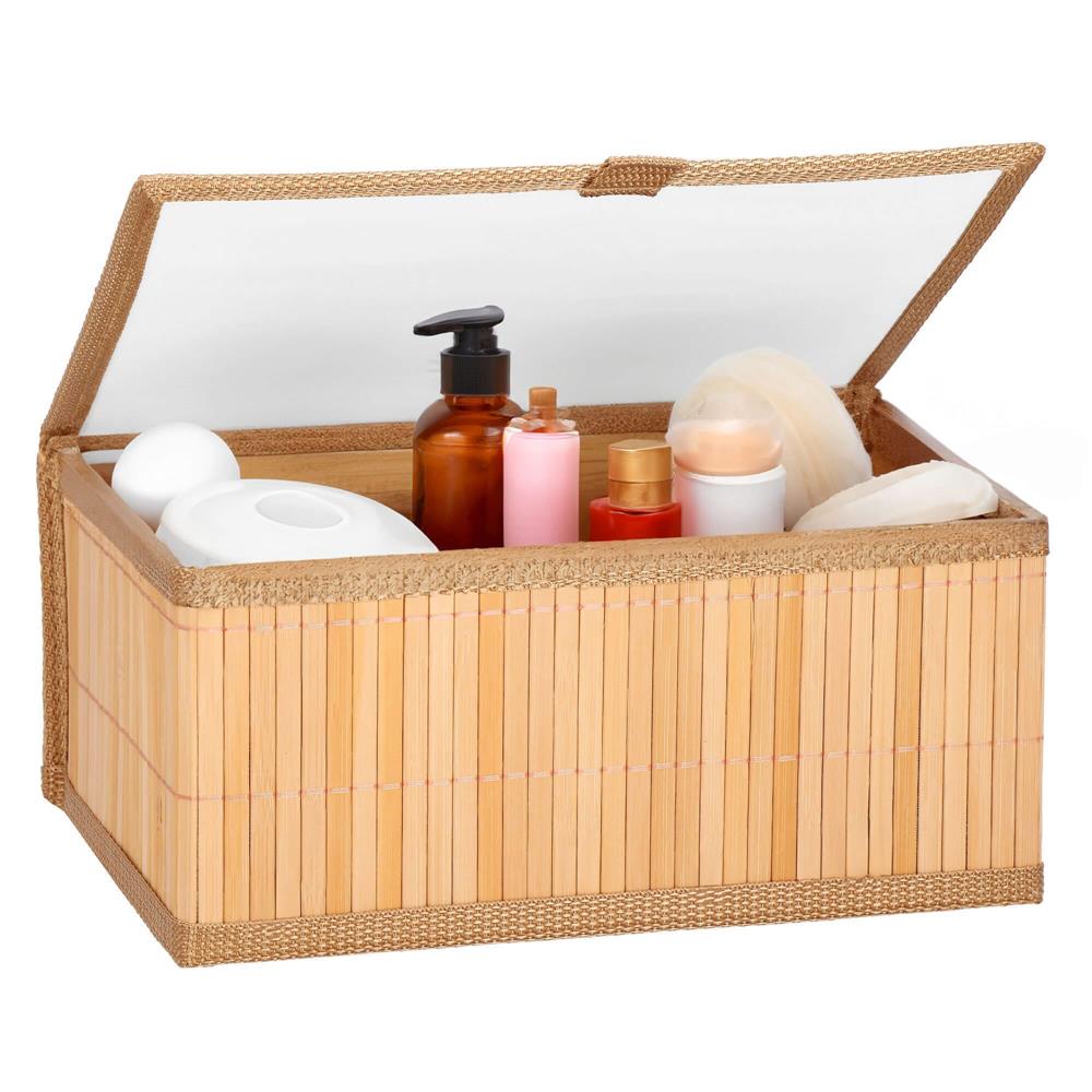 Set 3 cutii organizatoare din bambus, cu capac, diverse dimensiuni, maro