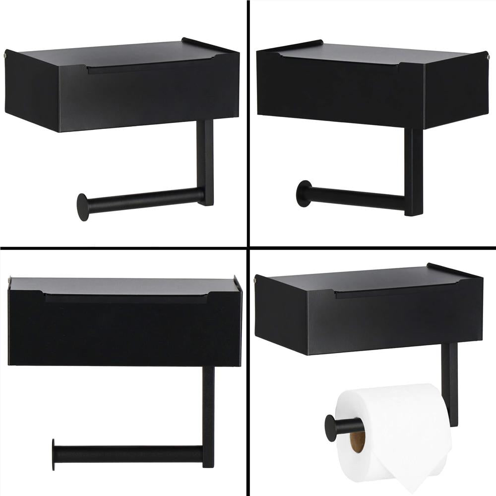 Suport hartie igienica din otel cu sertar depozitare, sistem montare inclus, 22cm, negru bej