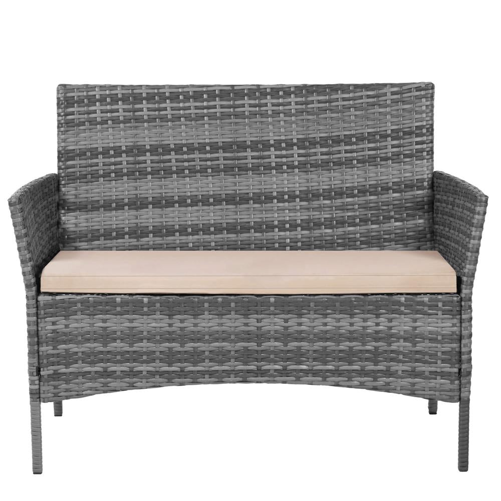 Set mobilier terasa, din tehnorattan, masa cu blat sticla securizata, 2 fotolii si 1 canapea cu perne, gri