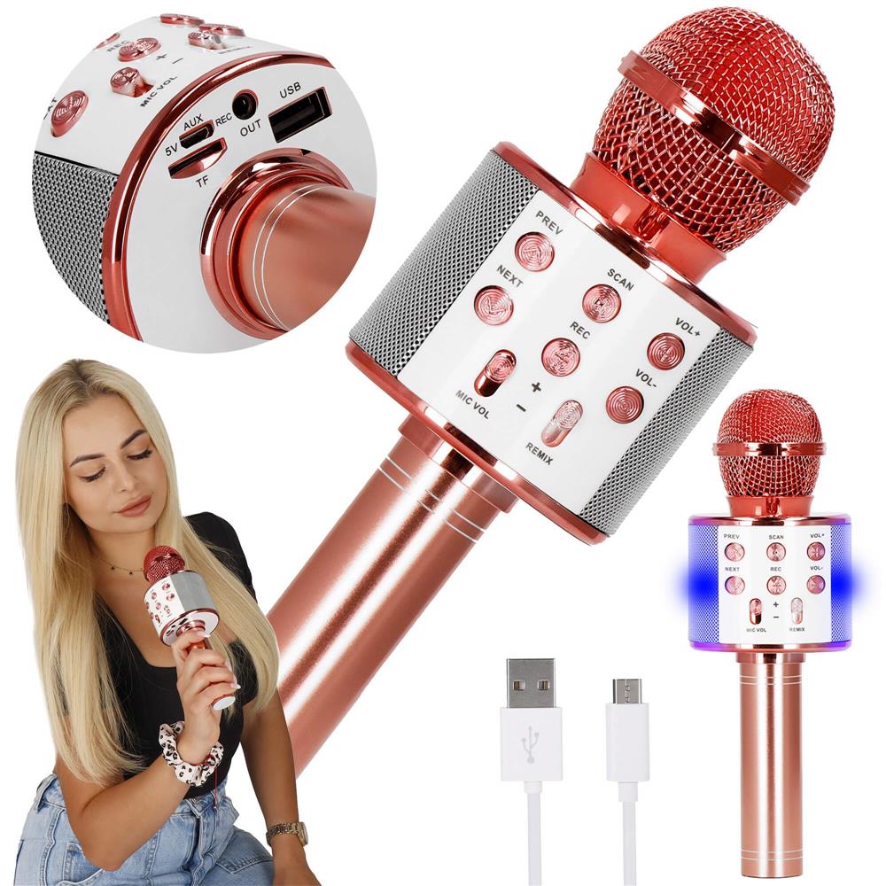 Microfon karaoke copii, wireless, cu acumulator, compatibil iOS si Android, functie de schimbare a vocii, roz