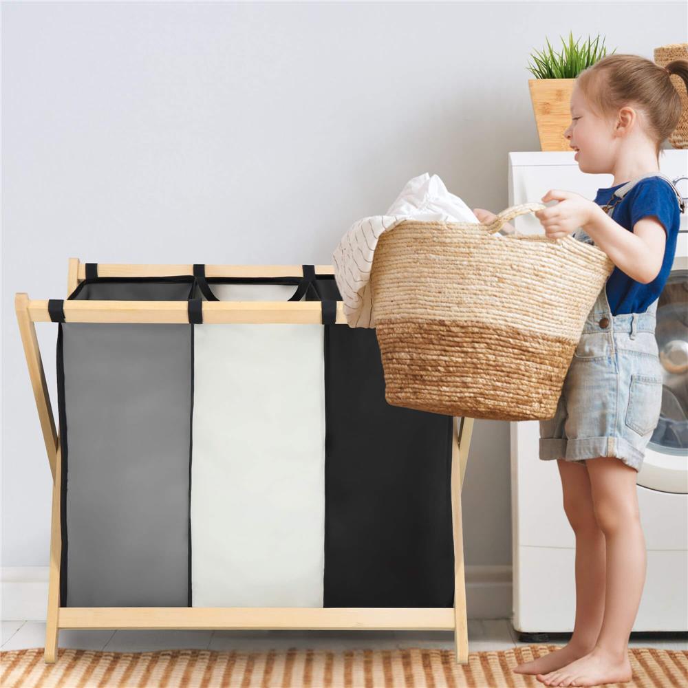 Cos de rufe cu 3 compartimente, cadru din lemn, 67x42x57 cm, 105 litri