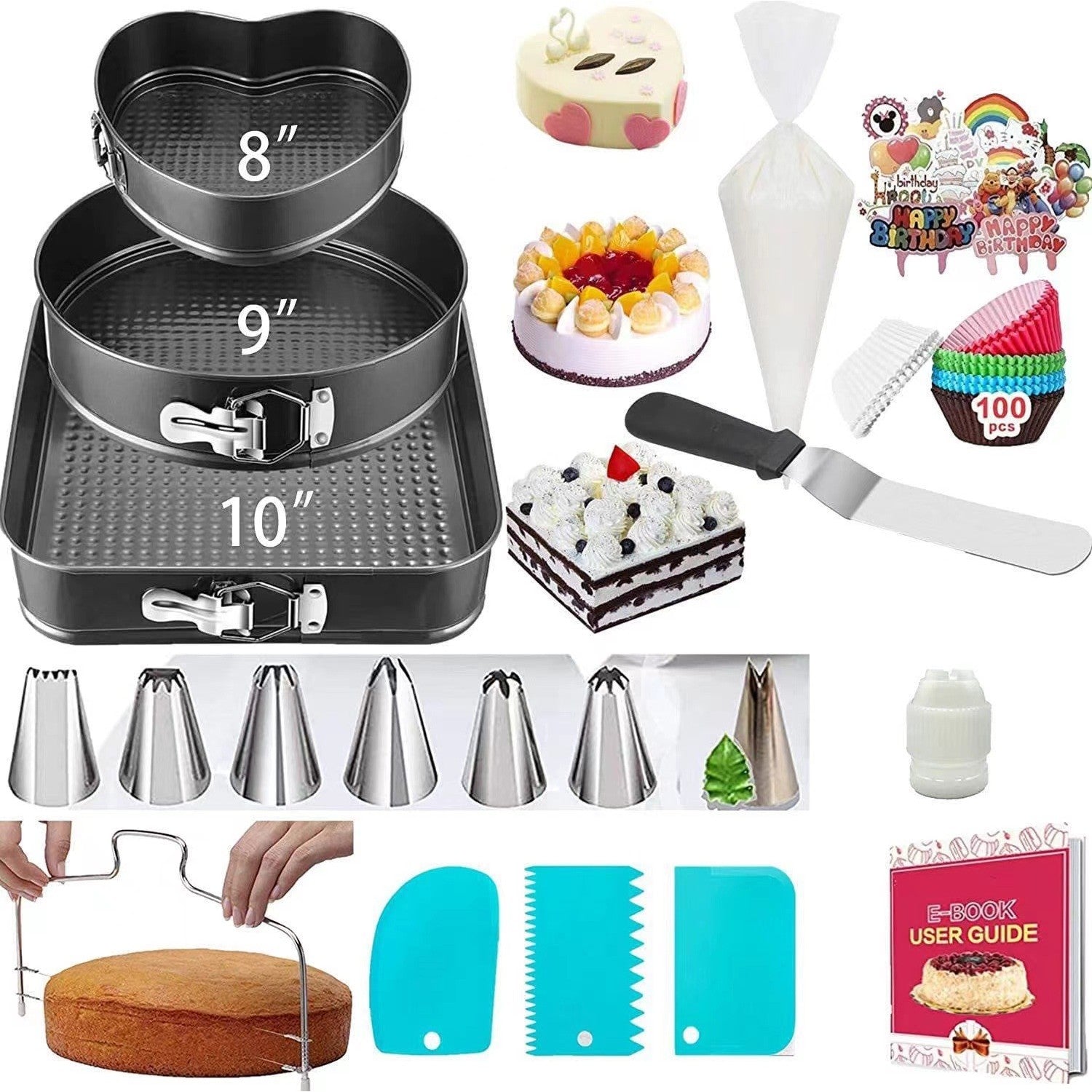 Set de 216 Piese de Copt pentru Prajituri, 3 Tavi de Copt, Nivelator, Forme Cupcake, Pos pentru Ornat cu 7 Capete, Feliator Tort, din Otel Inoxidabil, Multicolor