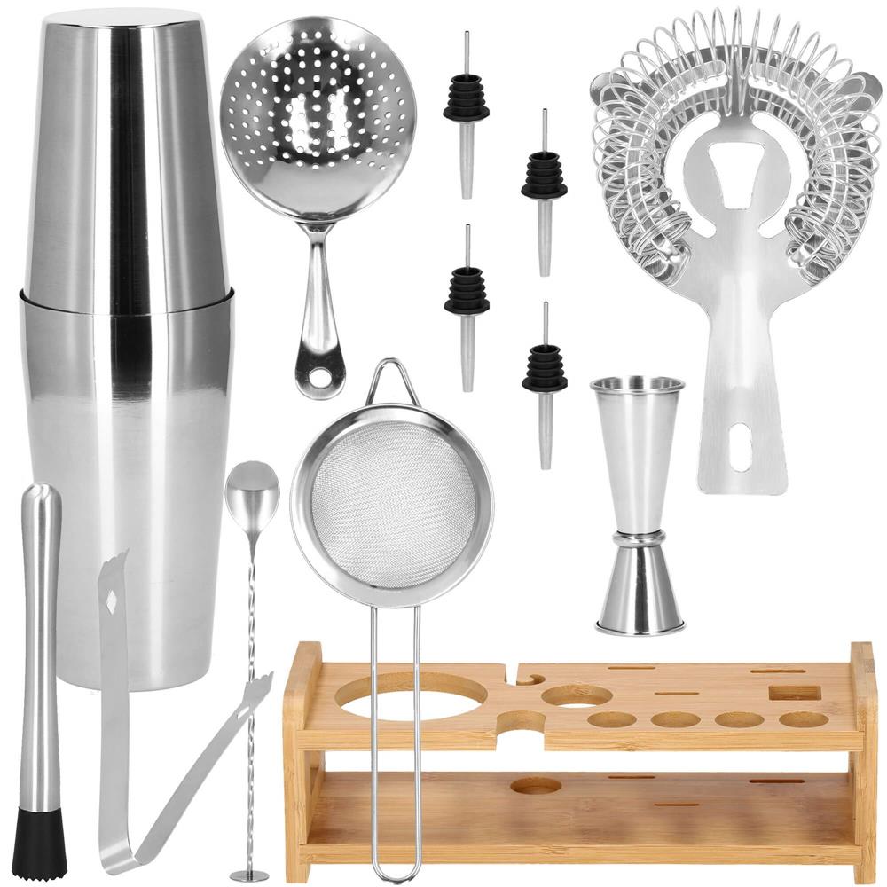 Set Cocktail Shaker Kit pentru barmani 750ml, KI11, suport bambus, 14 piese