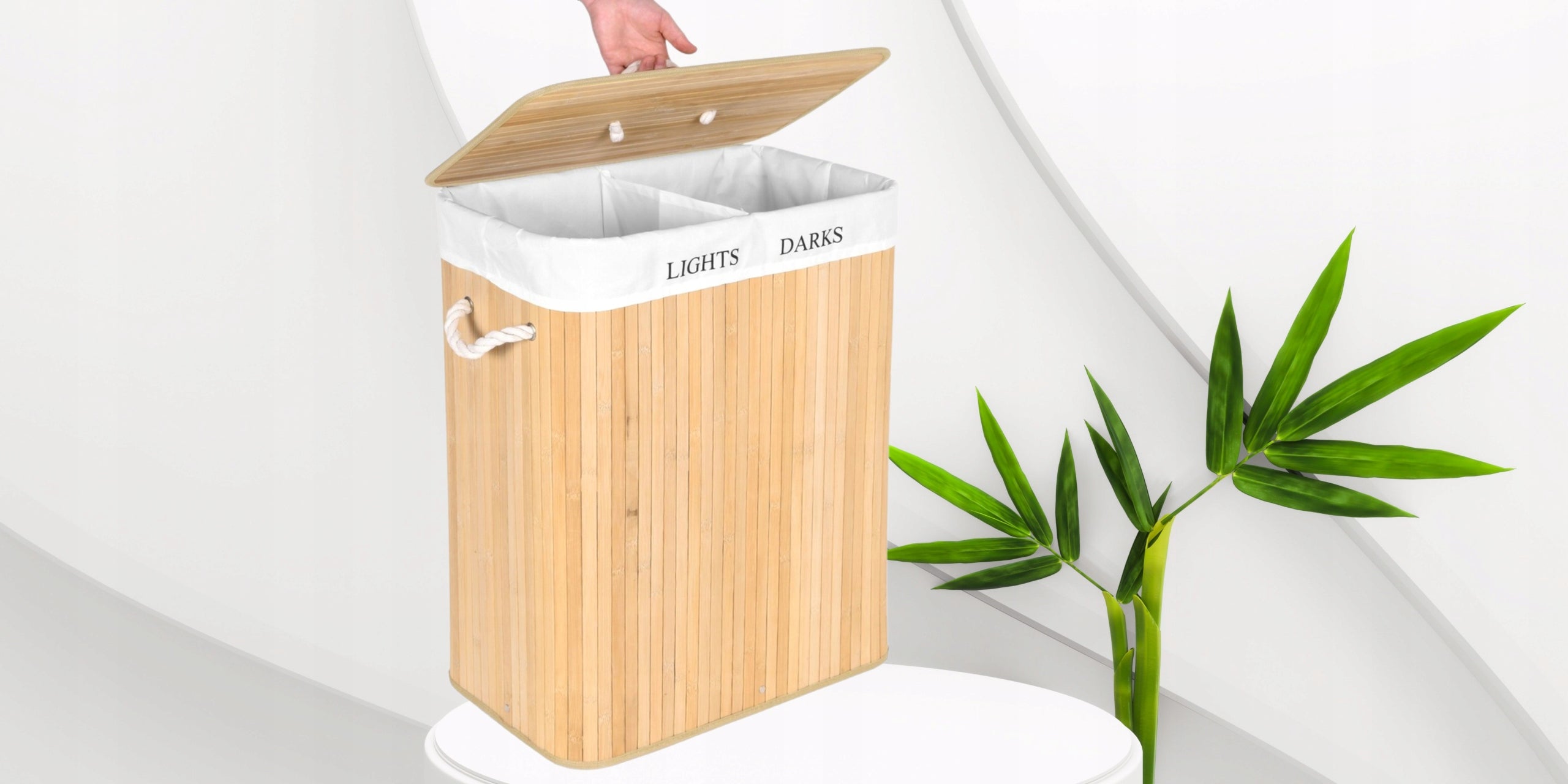 SONGMICS Cos de rufe din bambus cu capac, 2 compartimente, sac detasabil, volum 100L, 52x32x62cm, maro