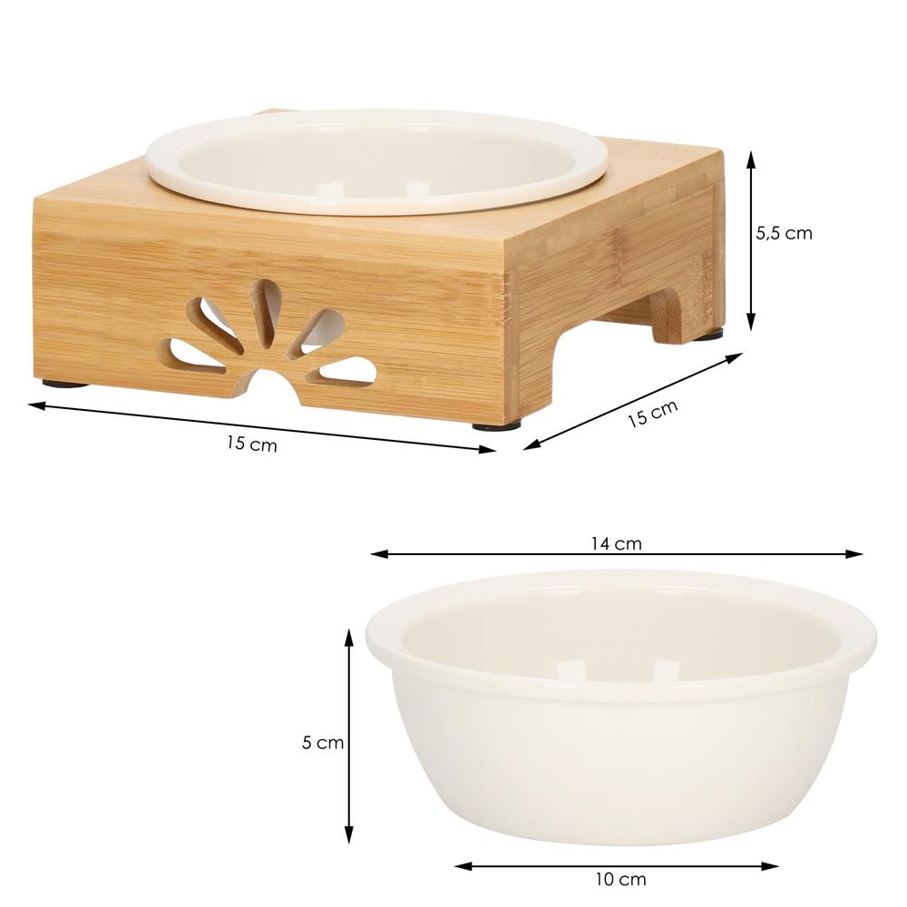 Castron ceramica, bol, pentru caine sau pisica, cu suport din bambus, 15cm