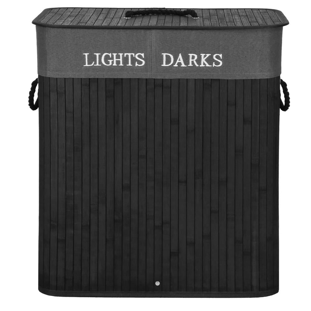 Cos de rufe din bambus cu capac, 2 compartimente, sac detasabil, volum 100L, 54x34x60cm, negru