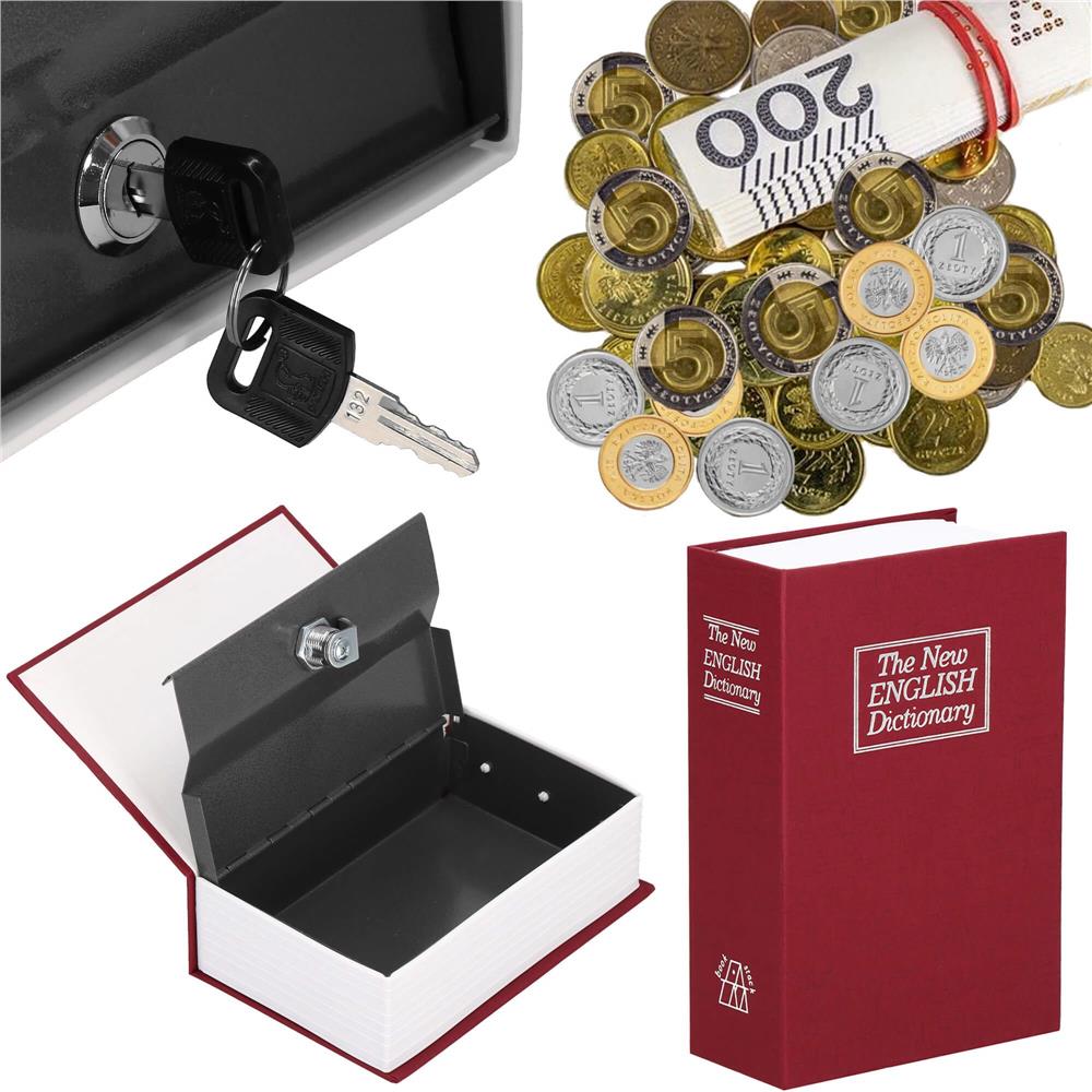 Caseta de valori, cutie metalica cu cheie, portabila, tip carte, Dictionar, burgundy, 26.5x20x6.5 cm