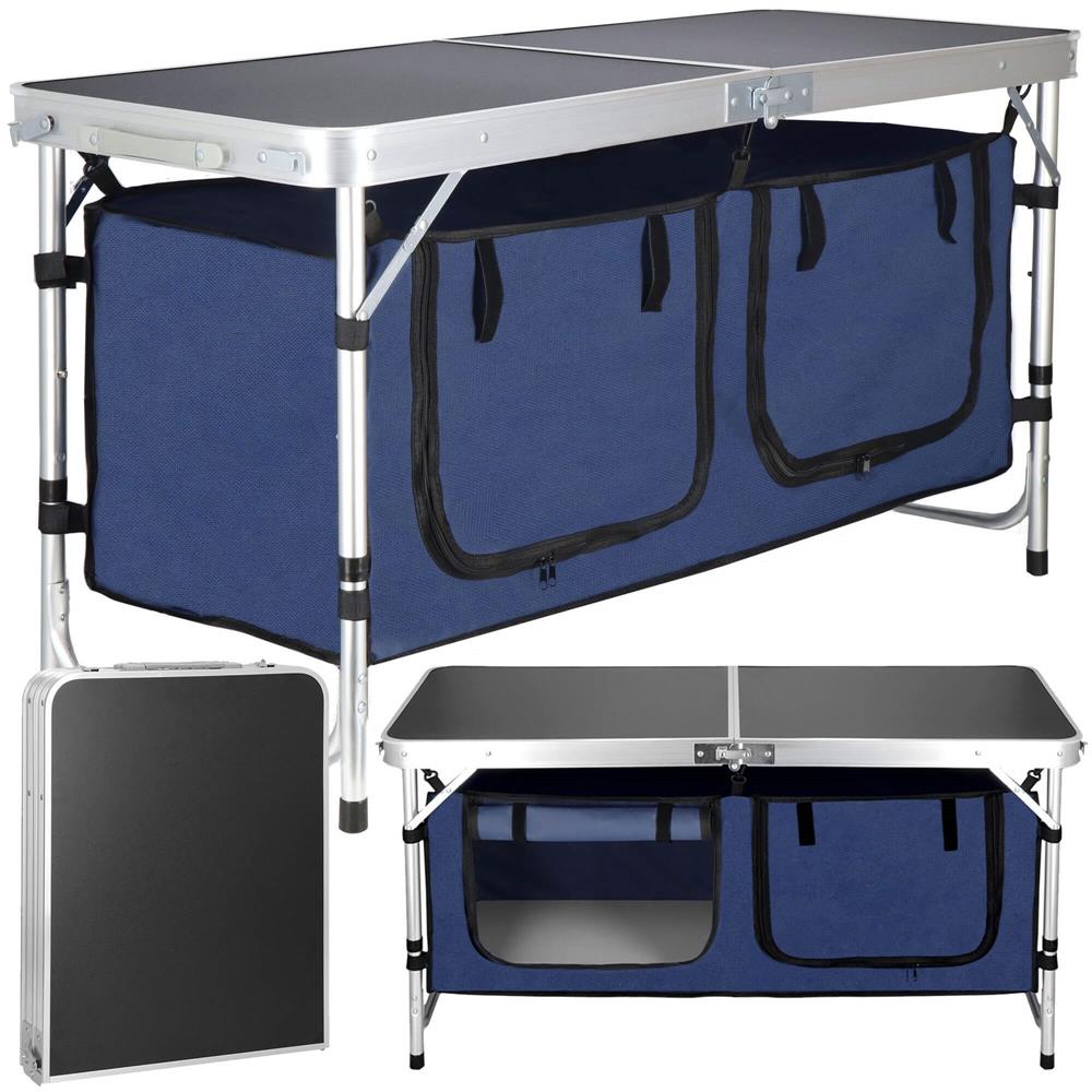 Masa camping pliabila cu spatiu depzoitare si cadru din aluminiu, blat MDF, 120x47x62/71cm, gri