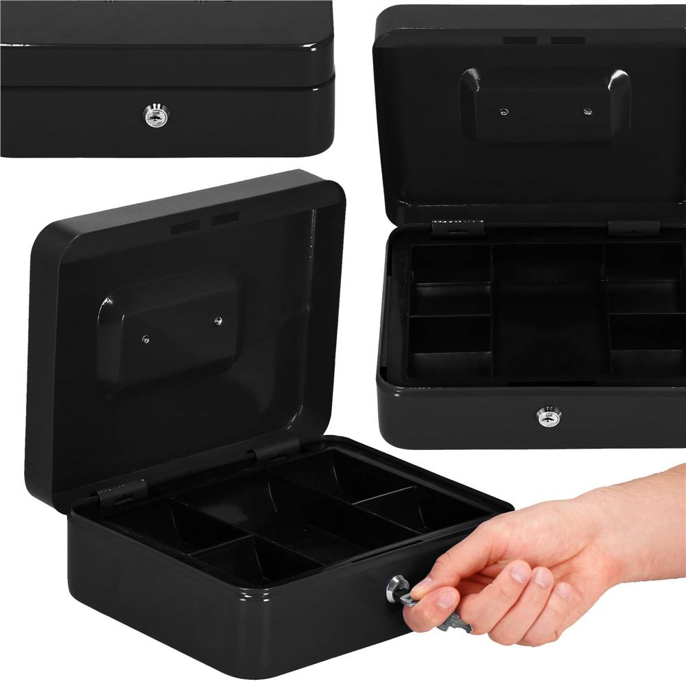 Caseta pentru bani tip cutie de valori, compartimentanta, cu cheie, metal, 30x24x9cm, negru