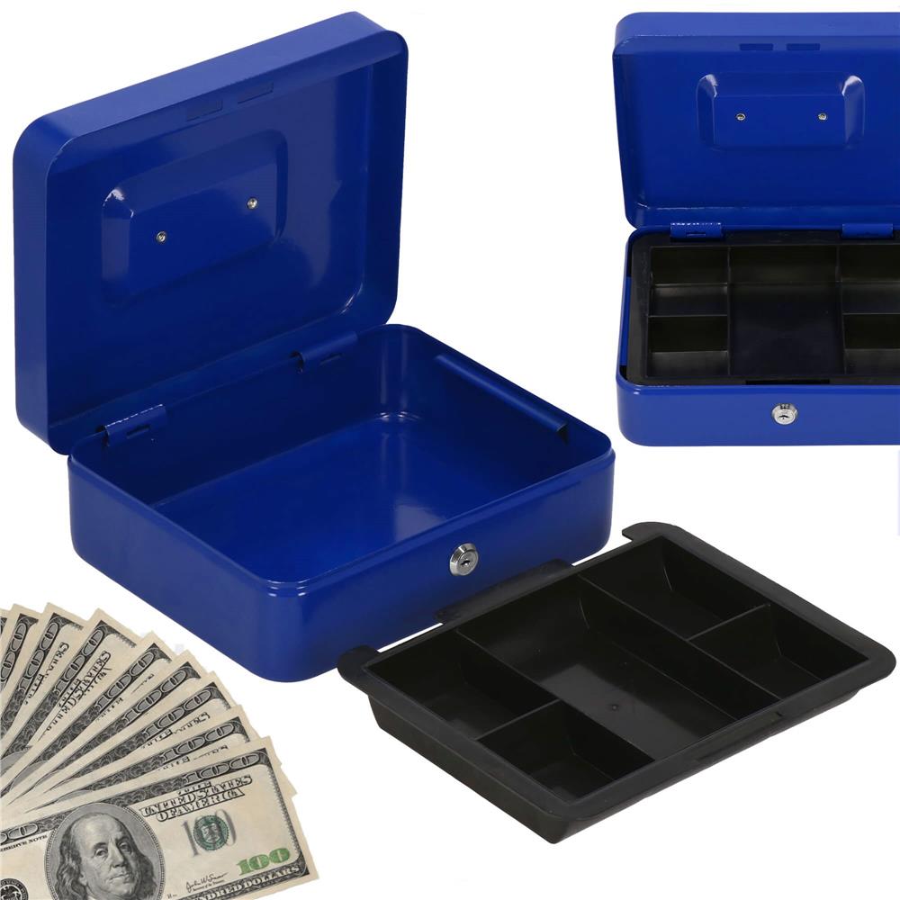 Caseta pentru bani tip cutie de valori, compartimentanta, cu cheie, metal, 20x16x9cm, albastru
