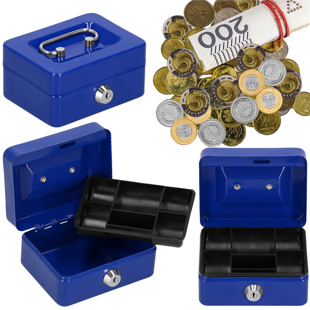 Caseta pentru bani tip cutie de valori, compartimentanta, cu cheie, metal, 12.5x9.5x6.5cm, albastru