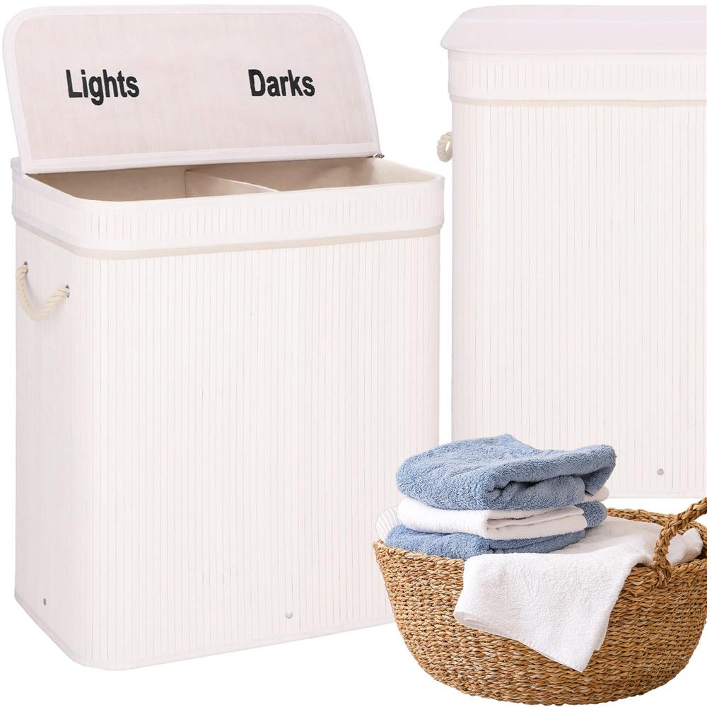 Cos de rufe din bambus cu capac, 2 compartimente, sac detasabil, volum 100L, 54x35x60cm, alb - 22