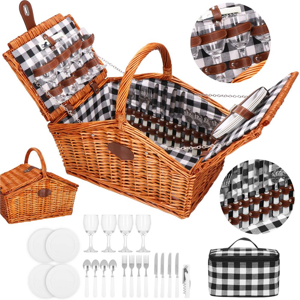 Cos de picnic echipat pentru 4 persoane Deluxe, din rachita, cu vesela si tacamuri, izolat termic, maro