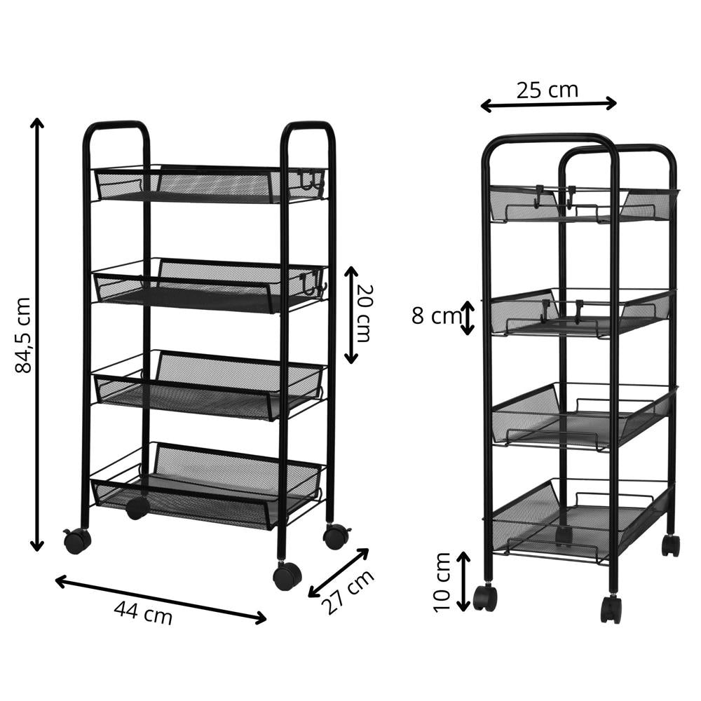 Raft metalic mobil tip carucior pentru bucatarie, 4 polite si 4 agatatori, negru, 44x26x85cm
