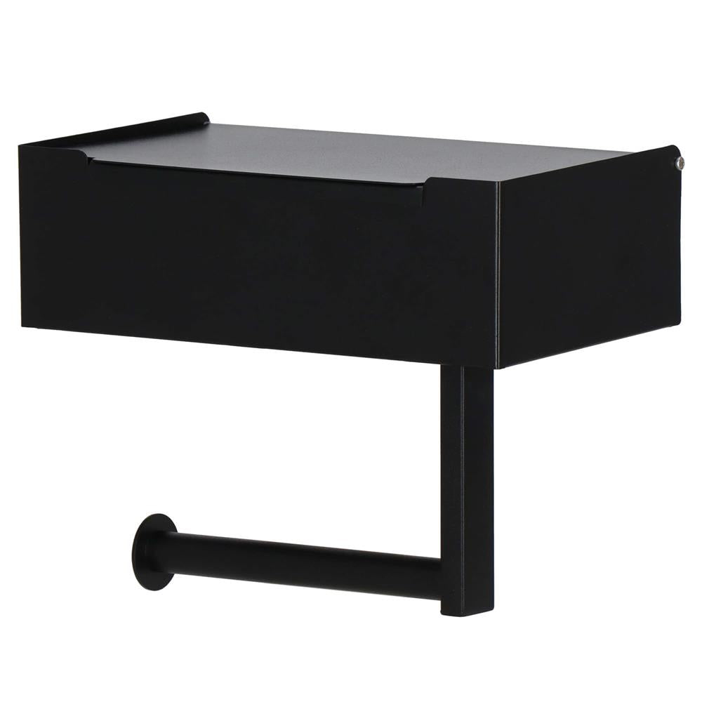 Suport hartie igienica din otel cu sertar depozitare, sistem montare inclus, 22cm, negru bej