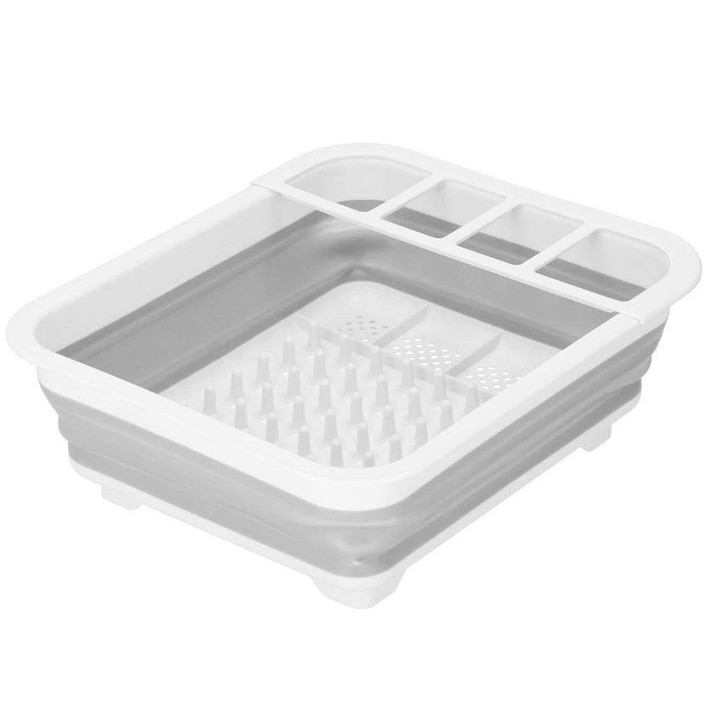 Uscator de vase pliabil, din pastic si silicon, 36x31x12cm, suport tacamuri, alb si gri