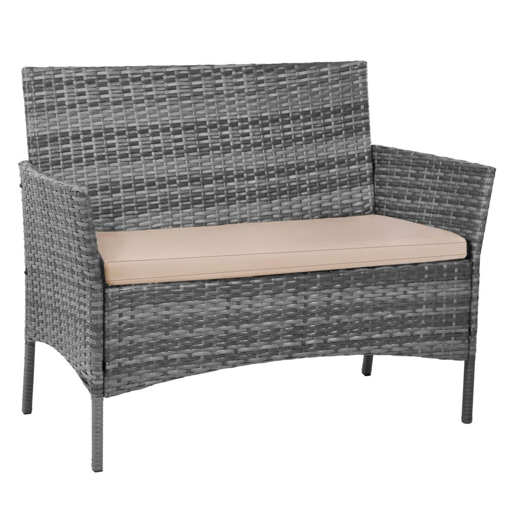 Set mobilier terasa, din tehnorattan, masa cu blat sticla securizata, 2 fotolii si 1 canapea cu perne, gri