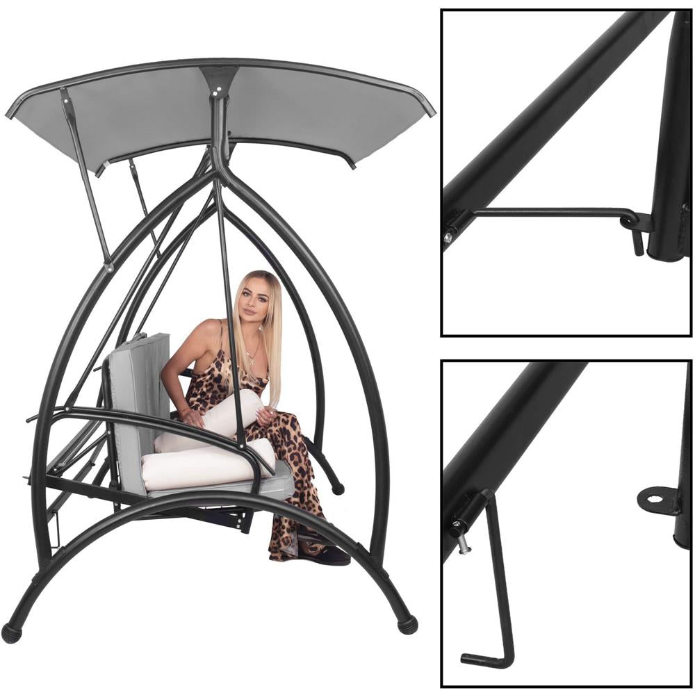 Balansoar gradina 230x136x190 cm, 2 in 1 leagan si pat, copertina reglabila, saltea si perne incluse, cadru otel, gri si ecru